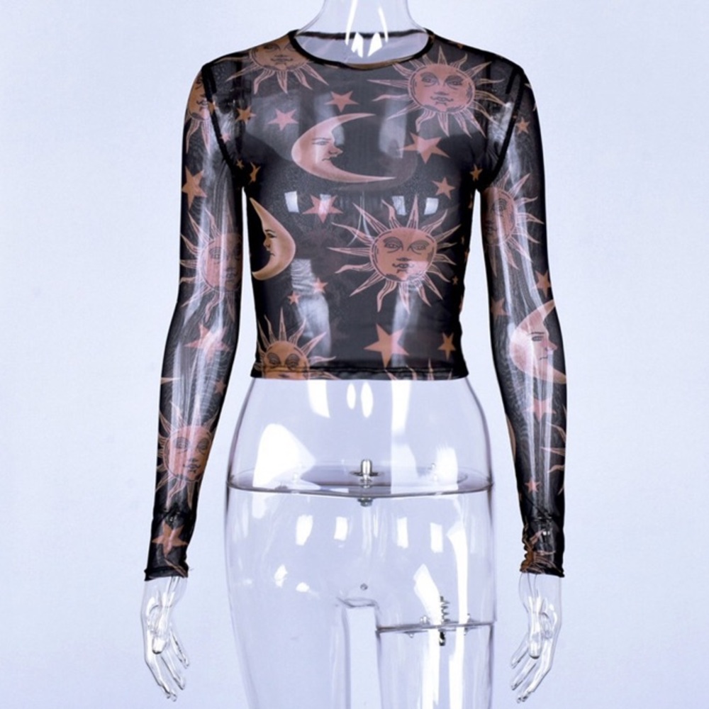 Celestial Sun Moon Sheer Mesh Crop Top - Picture 3 of 8